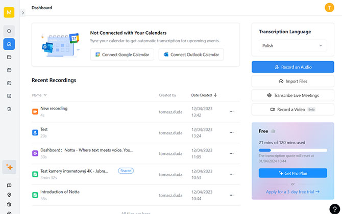 Transkrypcja audio, video i spotkań online do tekstu, również po polsku. Usługa Notta.AI sporo rzeczy zrobi za darmo [nc1]