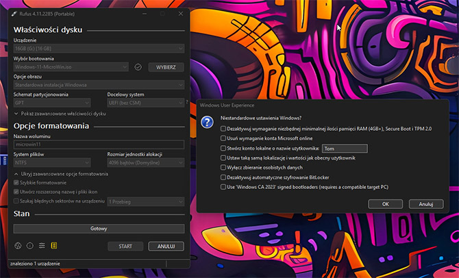 Odchudzona instalacja Windows 11 w kilku krokach, dzięki MicroWin. Mniej śmieci, lokalne konto użytkownika, brak TPM 2.0 [nc1]