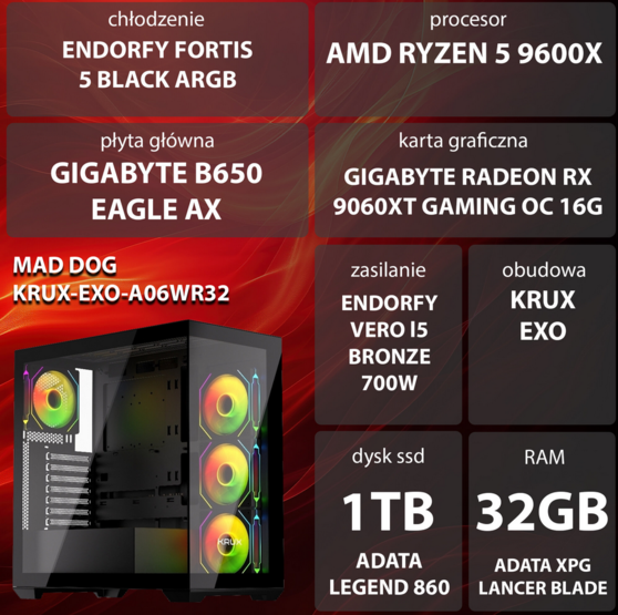 Komputer MAD DOG KRUX-EXO-A06DR32 9600X 32GB RX9060XT - foto 2